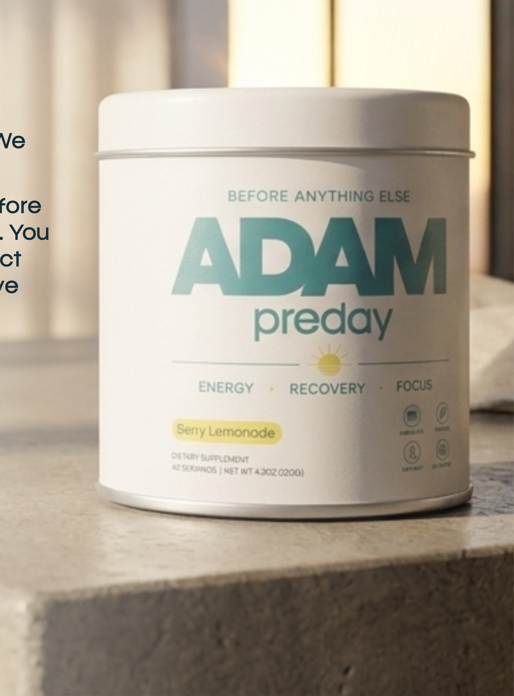 ADAM PreDay tin on a stone ledge in soft morning window light